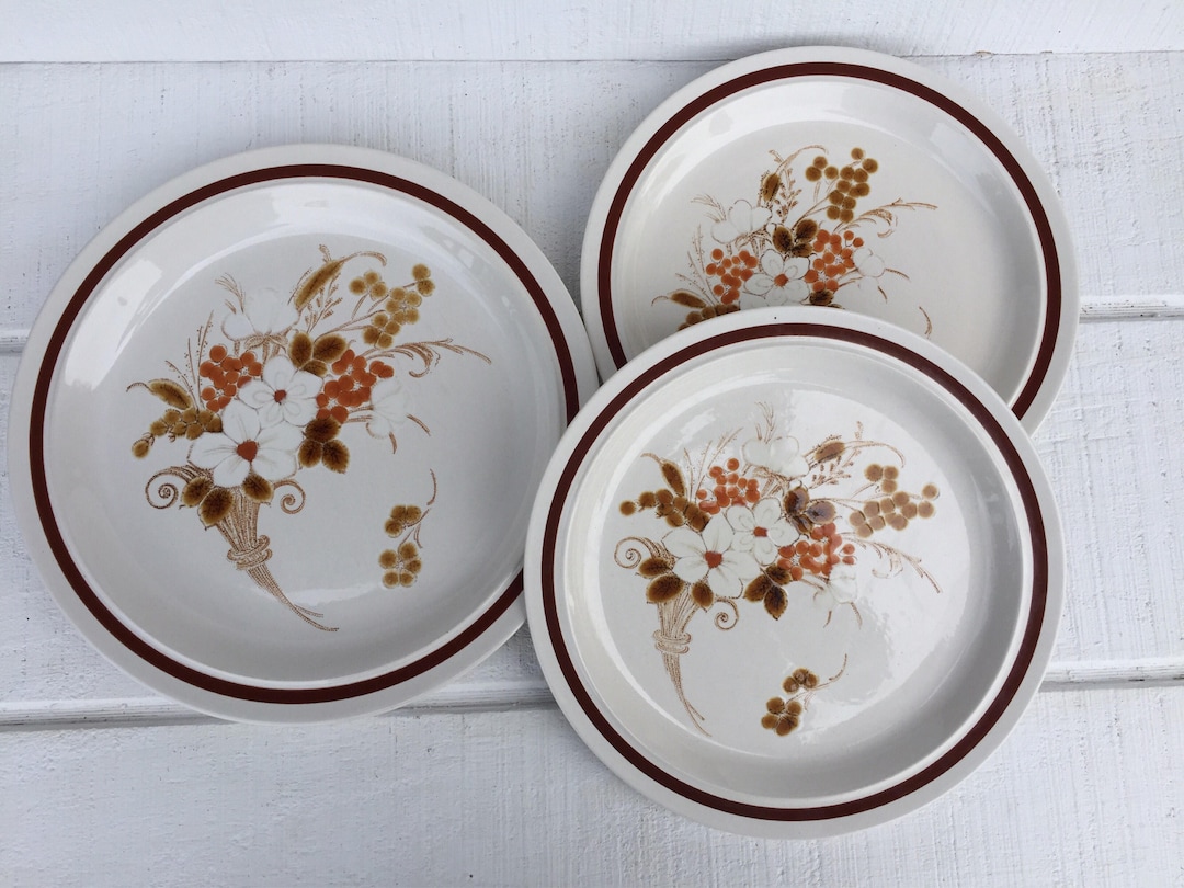 3 Vintage Stoneware Floral Dinner Plates Four Seasons Autumn Etsy