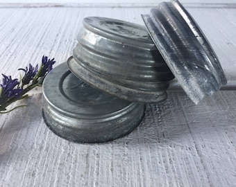4 aged Vintage Ball Mason Zinc jar lids, canning jar lids with porcelain zinc canning jar lids, craft lids for Ball jars, primitive rustic