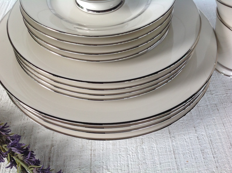 Mid Century Japan China Dinner plate salad plate cup and saucer 16 pc Carico Reflections China White and platinum trim china replacements
