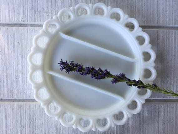 Vintage wedding serving platter white milk glass divided relish dish CHIC white glass 13 inch round serving platter Mid century dessert tray