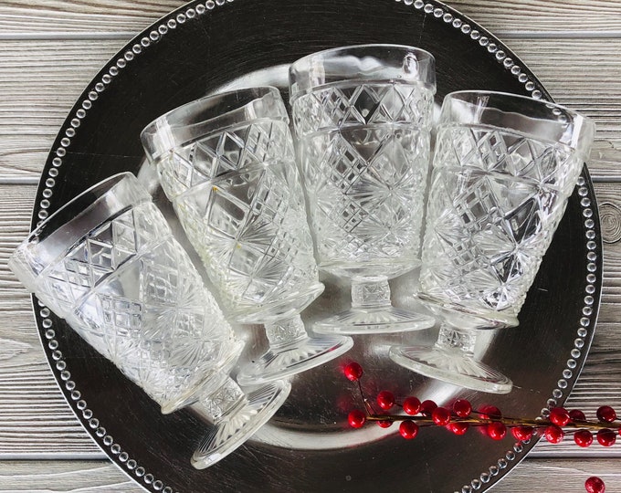 Vintage Pressed Glass Water Goblets Mid Century Pedestal Goblets Hazel