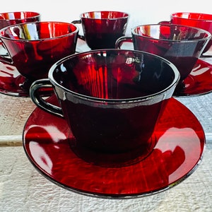 Vintage Ruby Red Cups Saucers Vintage Anchor Hocking Royal Ruby Cup Saucers Red Glass Coffee Cup Saucer Antique red glass 1940 1950
