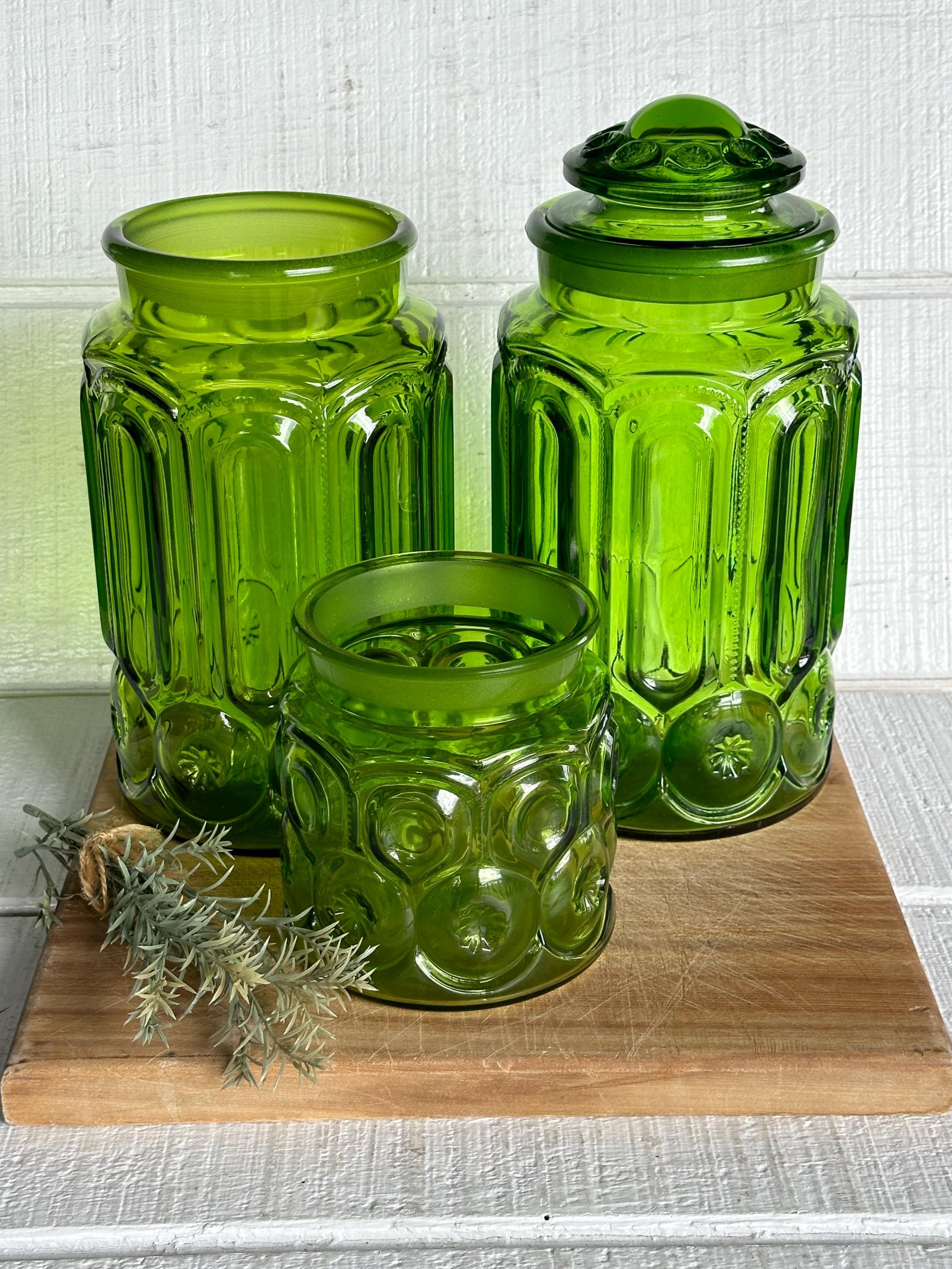 Vintage Moon and Stars LE Smith Canister FLOUR TEA Green Glass Jar