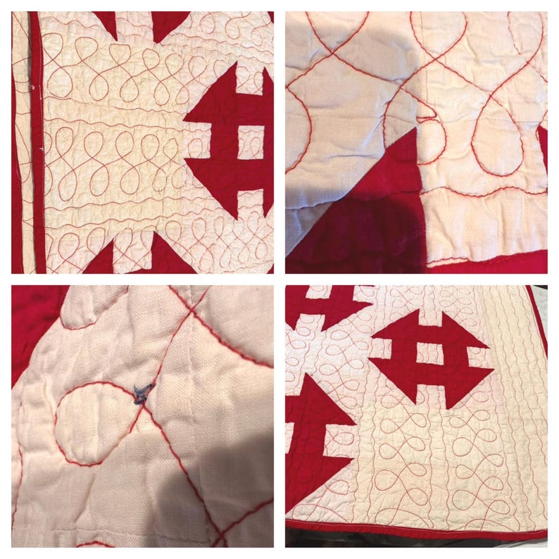 Peut inclure: Gros plan sur une courtepointe en patchwork avec un motif r&eacute;p&eacute;titif de tissu rouge et blanc. La courtepointe pr&eacute;sente des motifs rouges en forme de fl&egrave;che et des coutures rouges complexes sur un fond blanc. La courtepointe est un gros plan des d&eacute;tails.