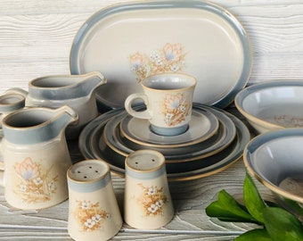 1980s Noritake stoneware Autumn Day Japan vintage Noritake speckled dinnerware floral peach blue dinner salad plate bowl cup saucer dishes