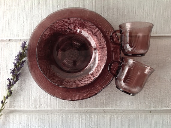 Retro Fortecrisa Mexico Purple Glass Dishes vintage Amethyst dinnerware Fortecrisa Sunflower dinner plates salad plates cereal bowl cup mug
