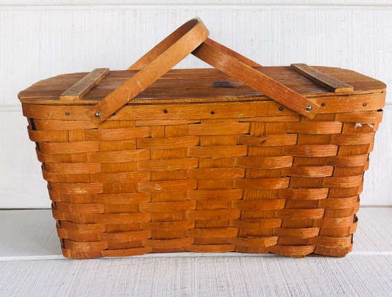 その他 vintage wood picnic basket Small Vintage Picnic Basket | Amish Woven Wooden Basket w