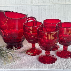 Viking Glass Georgian Ruby Glassware 48 oz pitcher 10 oz water goblet vintage red glassware 40s - 90's thumbprint pattern Christmas table