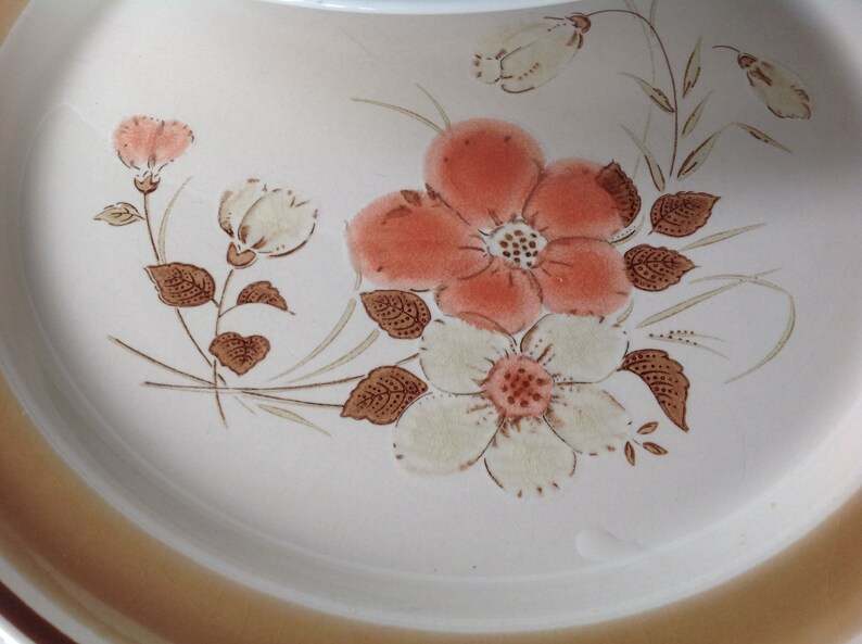 6 Retro Stoneware Dinner Plates Water Colors Blush Hearthside Japan brown band floral peach creme stoneware replacements 1970/'s dinnerware