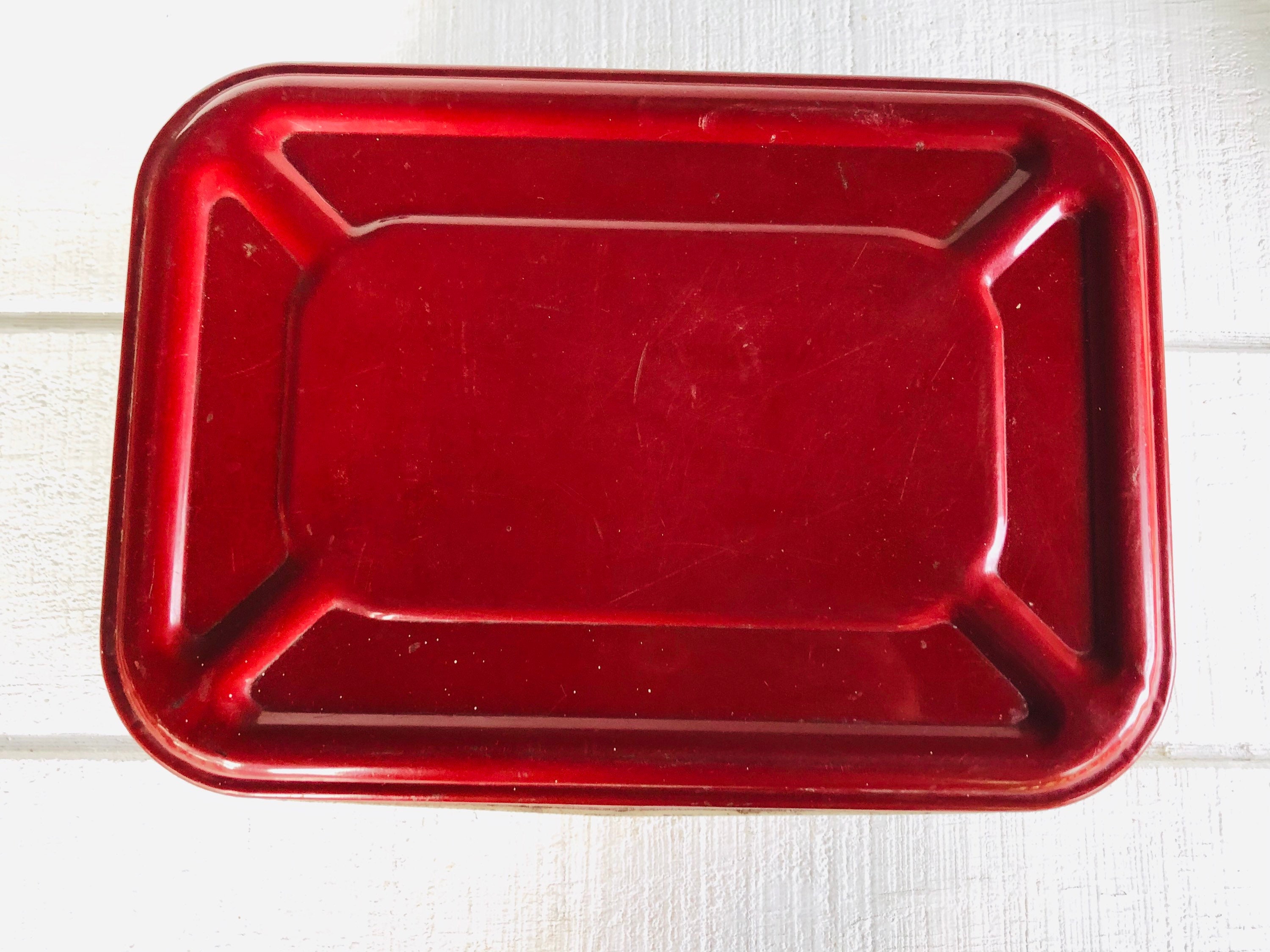Vintage Distressed Metal Bread Box Fruit Design Red Orange