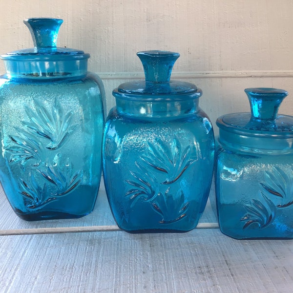 3pc Vintage turquoise sandscroll blue canister LE Smith azure canisters flour sugar coffee glass canisters beach house kitchen storage jars
