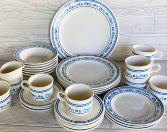 1980s Dutch Pantry Homer Laughlin C1 - 211 dinner plate salad plate cereal soup bowl cup and saucer creamer sugar blue flowers replacements