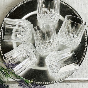 SIX ~ 80s lowball crystal tumbler Clear Rocks glasses Diamond cut Whiskey Scotch Liquor glasses bar cart double old fashioned French crystal