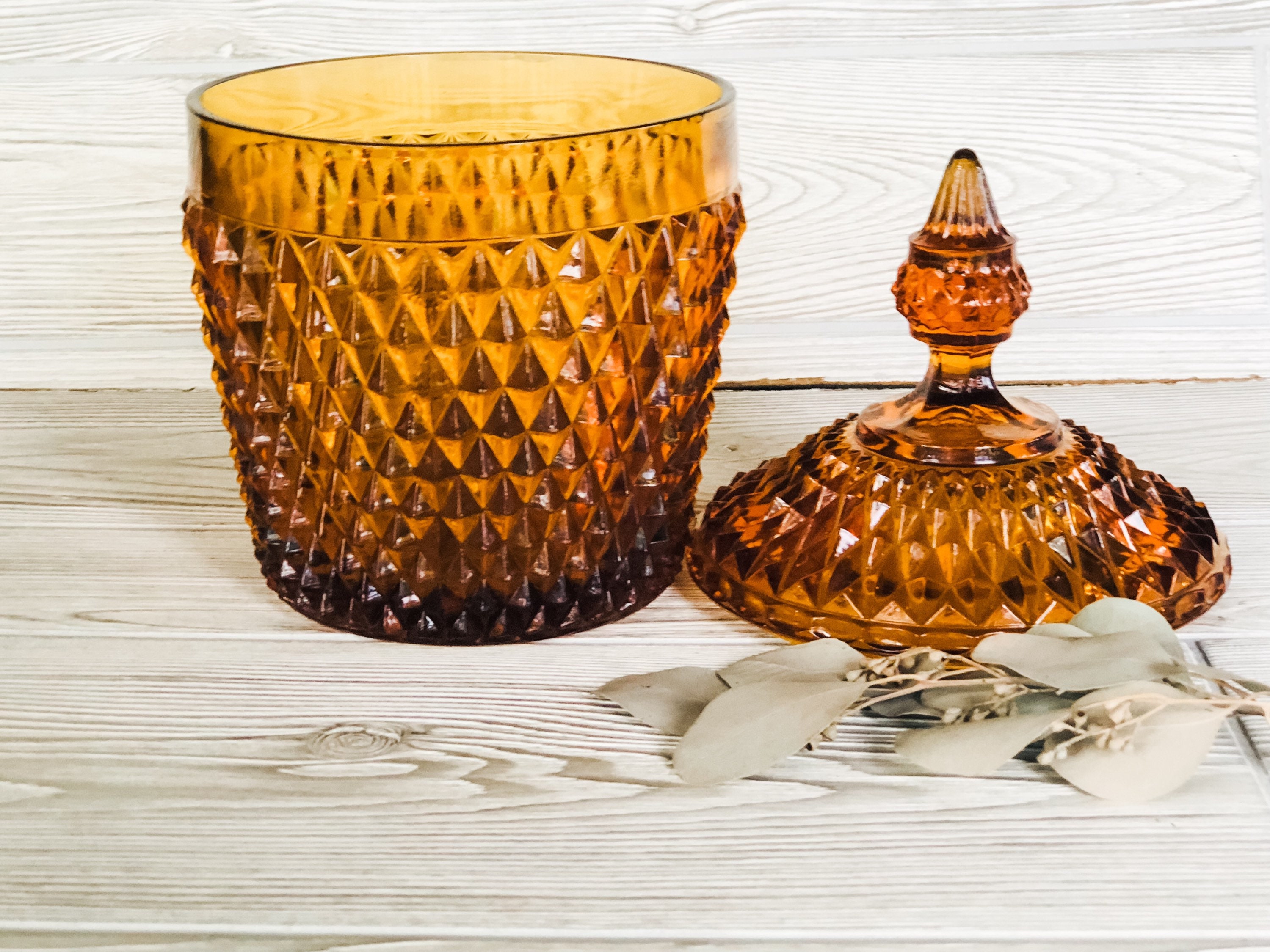 Vintage Indiana Glass AMBER Diamond Point Ice Bucket Gold Glass