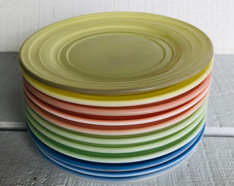 Vintage HAZEL ATLAS Platonite salad plate Pastel yellow Green pink Blue 7" Plate Moderntone Dinnerware Depression glass dessert plates 1950s