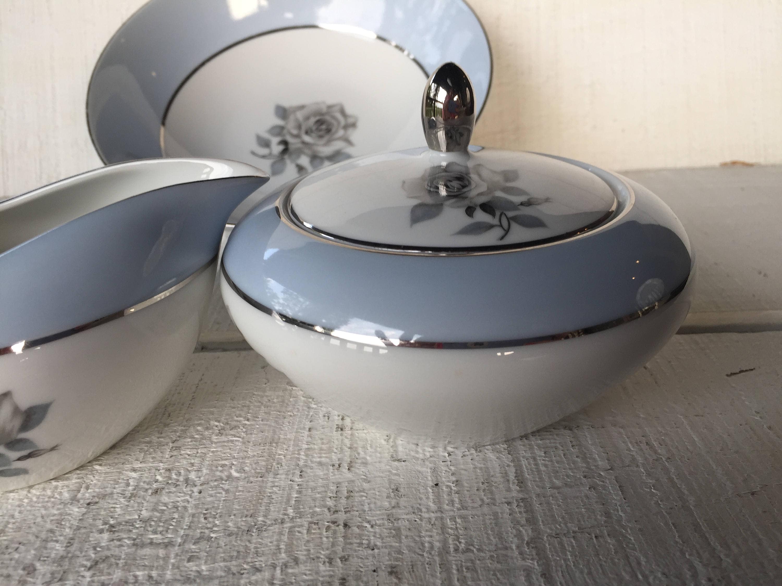 Vintage Mikasa Admiration China, Blue White and Platinum China