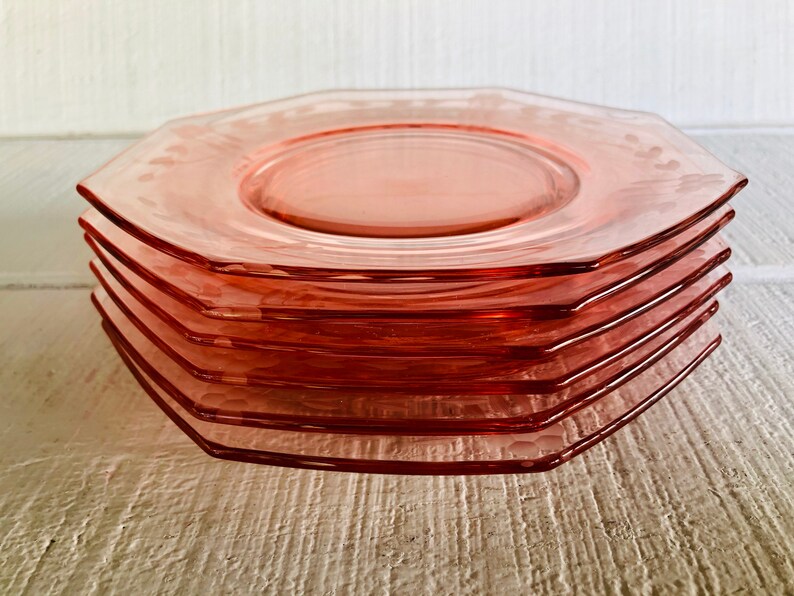 6 Pink depression glass salad octagon dessert plates vintage Etsy