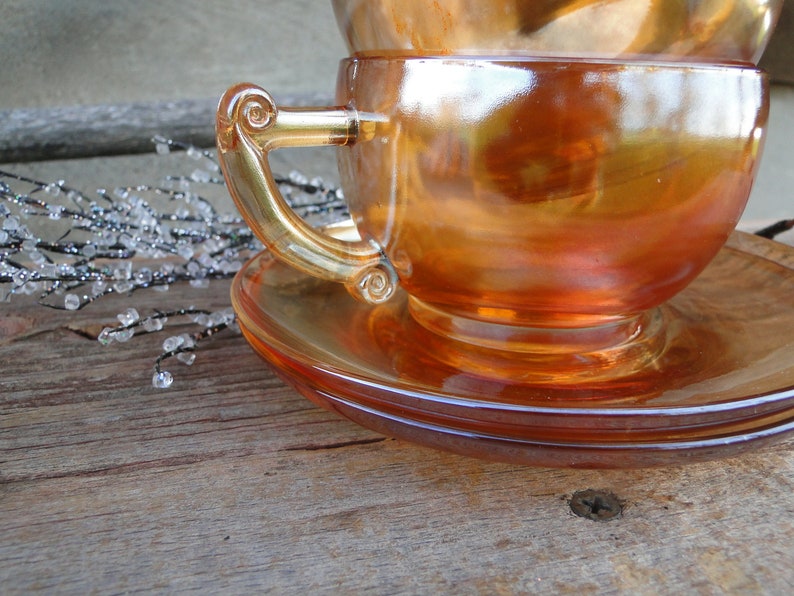 2 Orange carnival glass cup / saucer sets Vintage Etsy