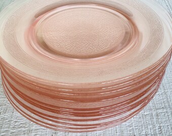 4 Leaf pink 8" Luncheon plates by MacBeth Evans 1920s 1930s pink depression plates embossed leaf depressionware glass plate shower brunch