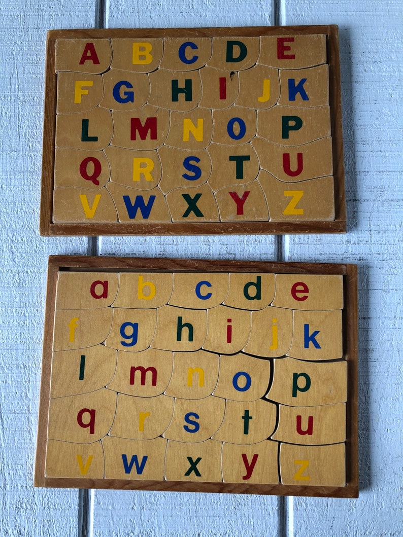 Vintage Wooden ABC Set Alphabet Puzzle Kid Children Schoolhouse Math