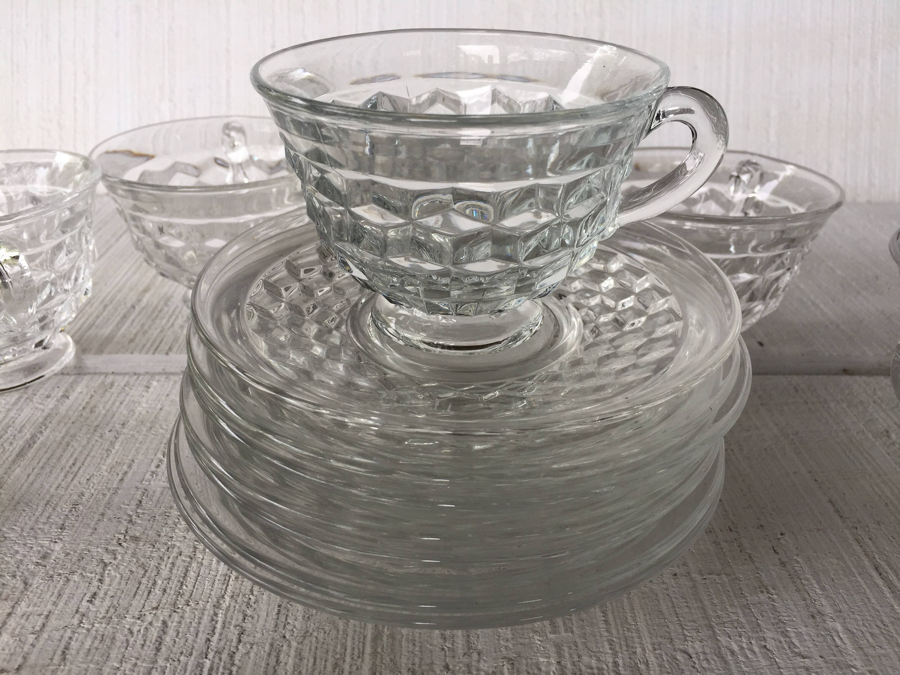 4 vintage crystal pressed glass cup and saucer American clear Etsy