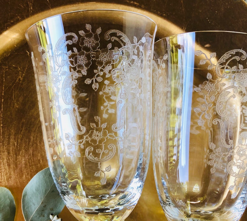 1930s 1940s FOSTORIA Meadow Rose Clear ICED TEA glasses Vintage Glassware etched tall water goblet embossed rose crystal floral replacements image 2