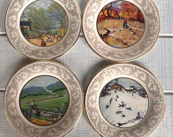1970s Norman Rockwell American Landscape Four Seasons Plates – Gorham Fine China USA, Gold Trim 10 7/8"  Set  Choose Season collector plates