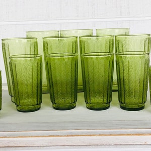 Vintage Anchor Hocking Sprucewood Green glass tumbler 1970s 80s textured water glasses 16 oz 12 oz 9 oz 6 oz juice glass avocado glassware