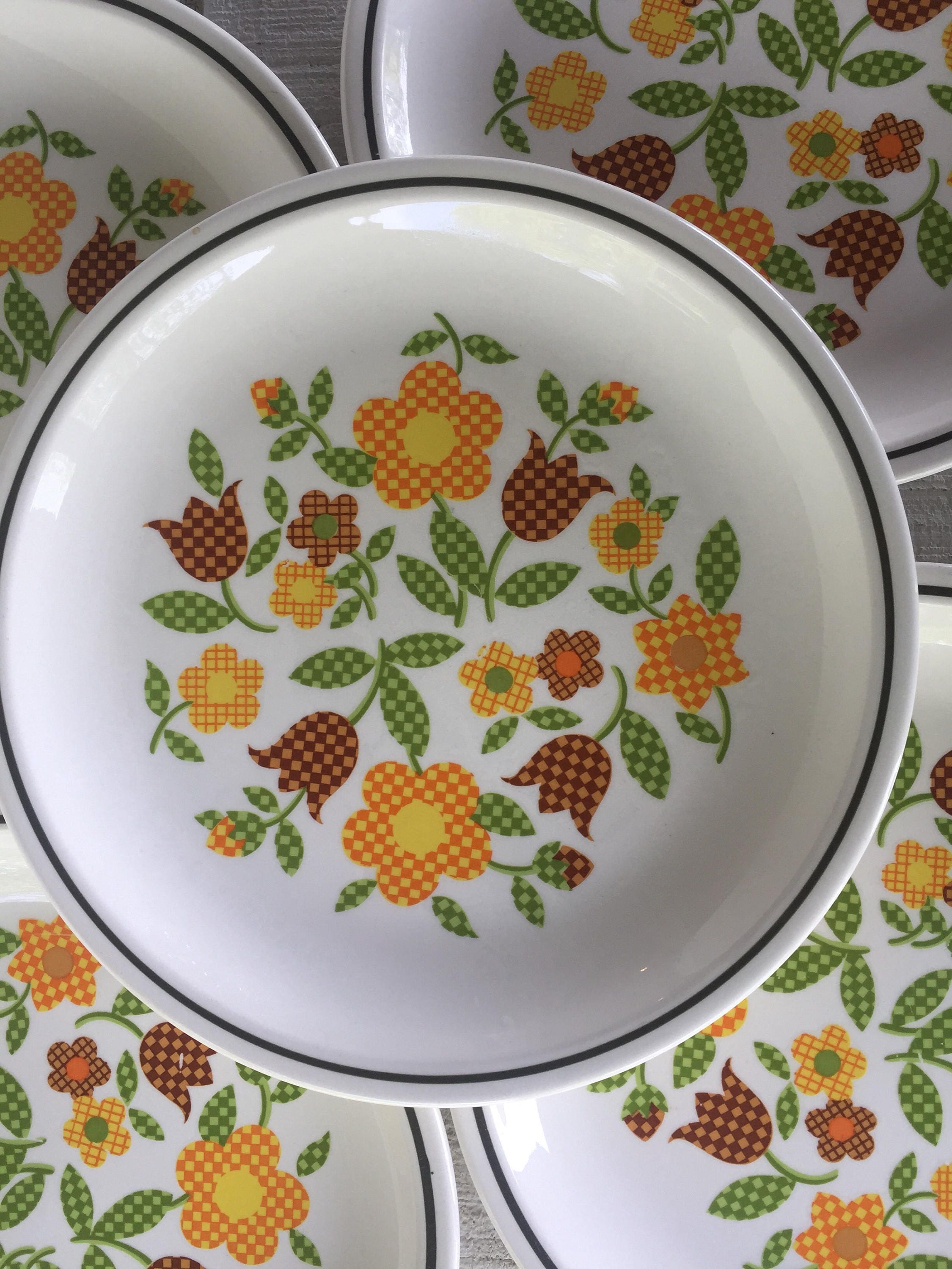 1960 Vintage Retro Gingham Garden Plates Orange Floral Taylor Etsy