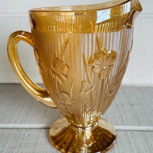 May include: Amber-colored glass pitcher with a handle and a spout. The pitcher features embossed floral designs and vertical striped detailing. The base is a pedestal shape. The pitcher is likely vintage or antique.