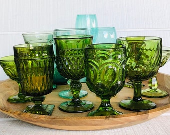 Vintage green goblets emerald green glassware colored goblet glasses mismatched GREEN glasses retro goblets wine coupe Champagne CHOOSE