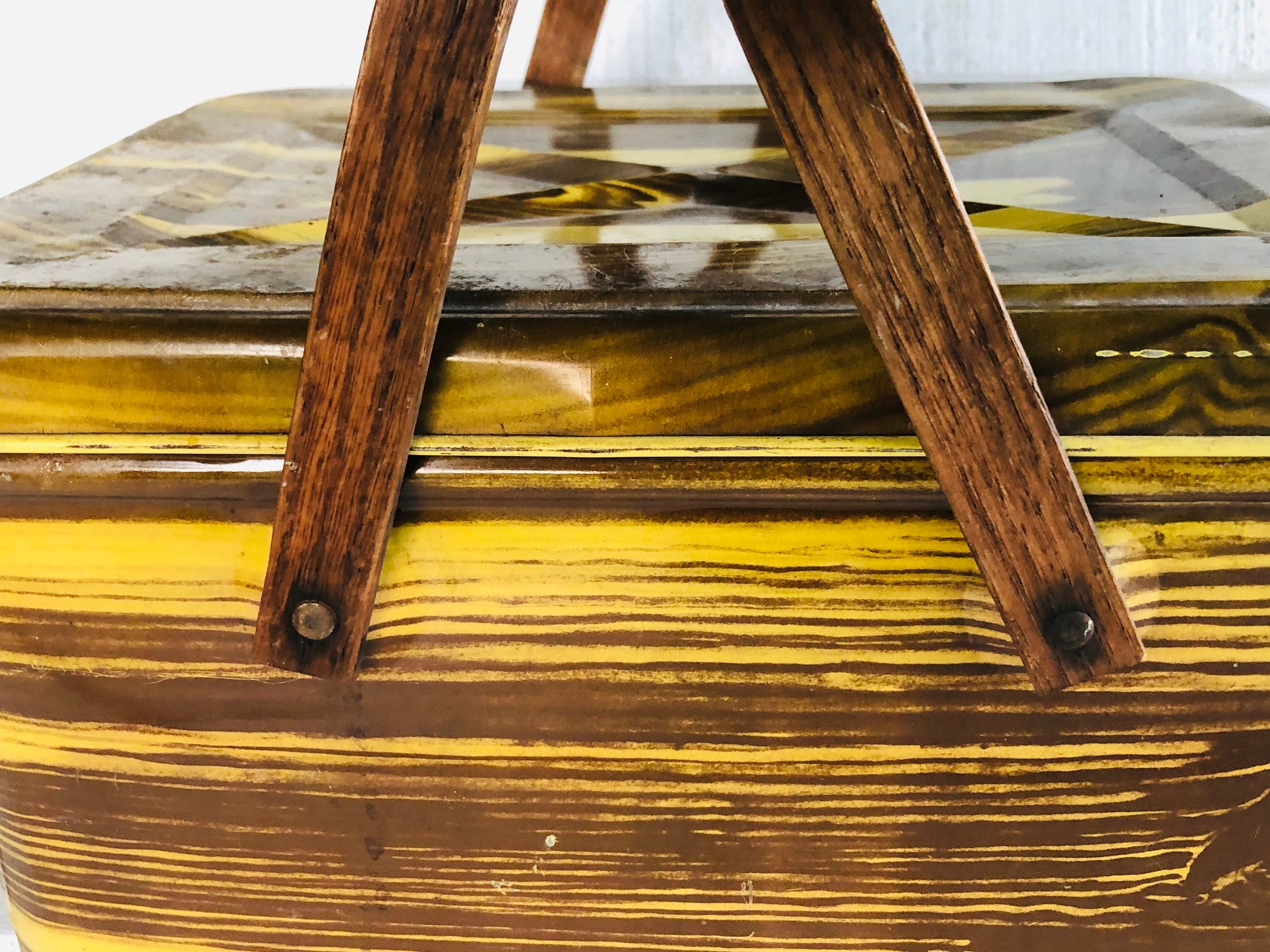 Vintage metal picnic basket wood handles yellow brown kitsch Etsy