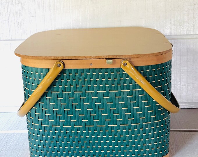 Vintage Picnic Basket Vintage Green and Brown Weave Picnic Etsy