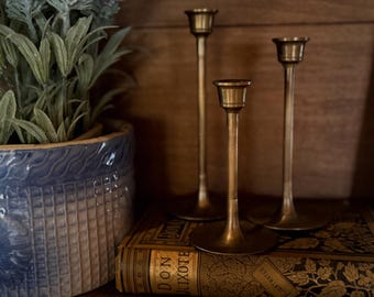 Vintage Brass Candlesticks Set of 3, Graduated Taper Candle Holders, Aged Patina, Farmhouse Mantel Decor