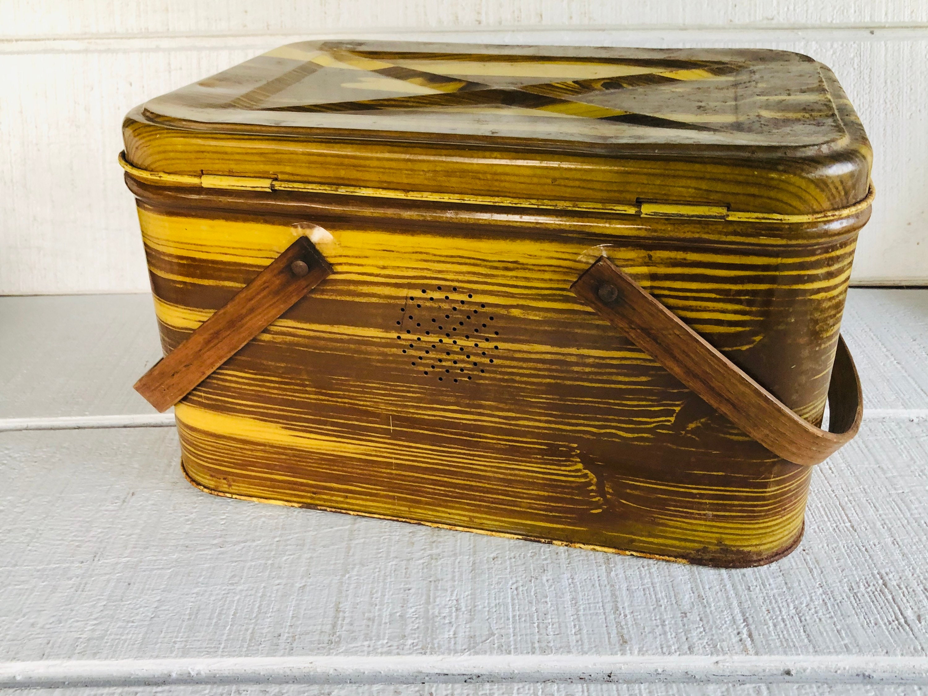 Vintage metal picnic basket wood handles yellow brown kitsch Etsy