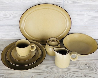 1970 80s Noritake stoneware GINGERBREAD Japan vintage Noritake tan speckled dinnerware brown edge dinner salad plate bowl cup saucer dishes