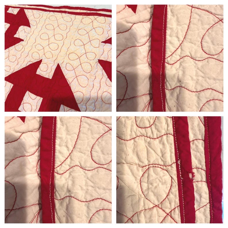 Peut inclure: Gros plan sur une courtepointe avec un fond cr&egrave;me et des motifs rouges en forme d'&eacute;toiles et de volutes. La courtepointe a des bordures et des coutures rouges. Les coutures sont en forme de vagues. La courtepointe est en tissu.
