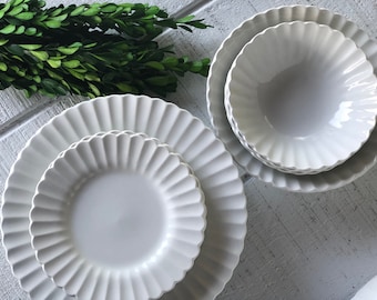 Vintage White Ironstone China Classic White J & G Meakin England Ironstone dishes dinner plates dessert plate vegetable bowl ribbed rim 60s