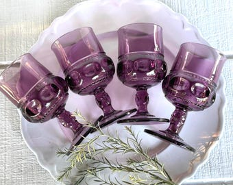 Vintage Amethyst King’s Crown Water Goblets Set of 4 | Purple Thumbprint Glasses | Colony Indiana Glass | Jewel Tone Barware