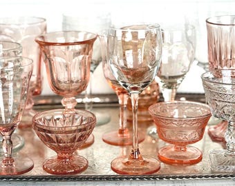 Vintage Pink & Clear Goblets Set of 14, Curated Mismatched Glassware, Wedding Glasses, Bridal Shower Stemware