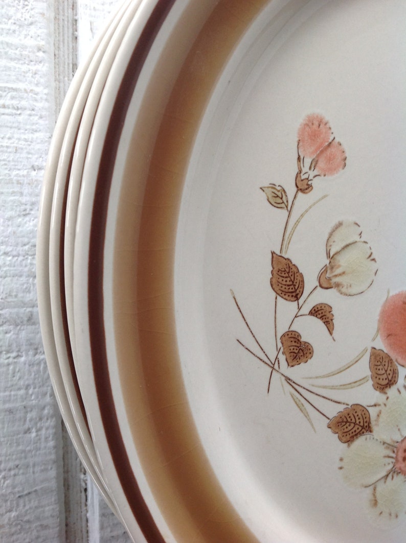 6 Retro Stoneware Dinner Plates Water Colors Blush Hearthside Japan brown band floral peach creme stoneware replacements 1970/'s dinnerware