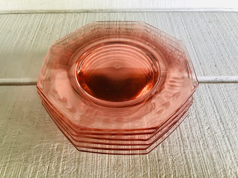 6 Pink depression glass salad octagon dessert plates vintage Etsy