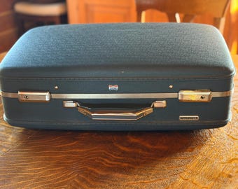 Vintage American Tourister Slate Blue Suitcase 22 Inch Hard Sided Luggage Mid Century Travel Case Retro Storage Display 1960s