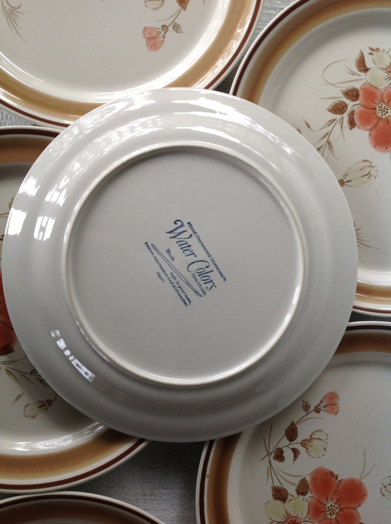 6 Retro Stoneware Dinner Plates Water Colors Blush Hearthside Japan brown band floral peach creme stoneware replacements 1970/'s dinnerware