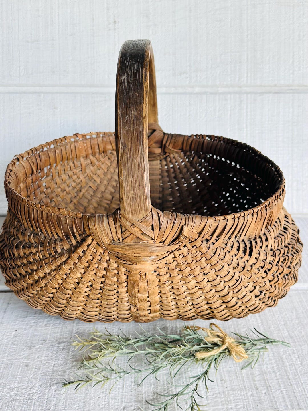 Large Early American Antique Split Oak Handle Butt Basket Gathering Egg ...