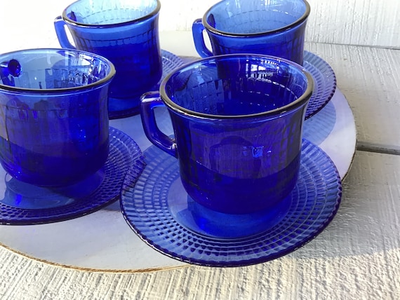 Vintage Blue Glass Cup and Saucer Set Cobalt Blue Mug and Saucer