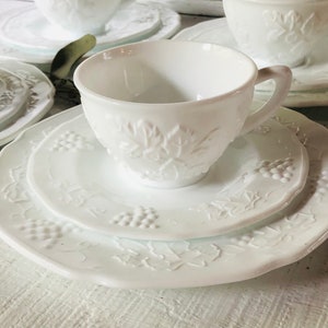 12 pc milk glass dessert plate cup & saucer SET Colony Harvest Milk glass cake plate white glass tea cup bread plates brunch tea party 1970s