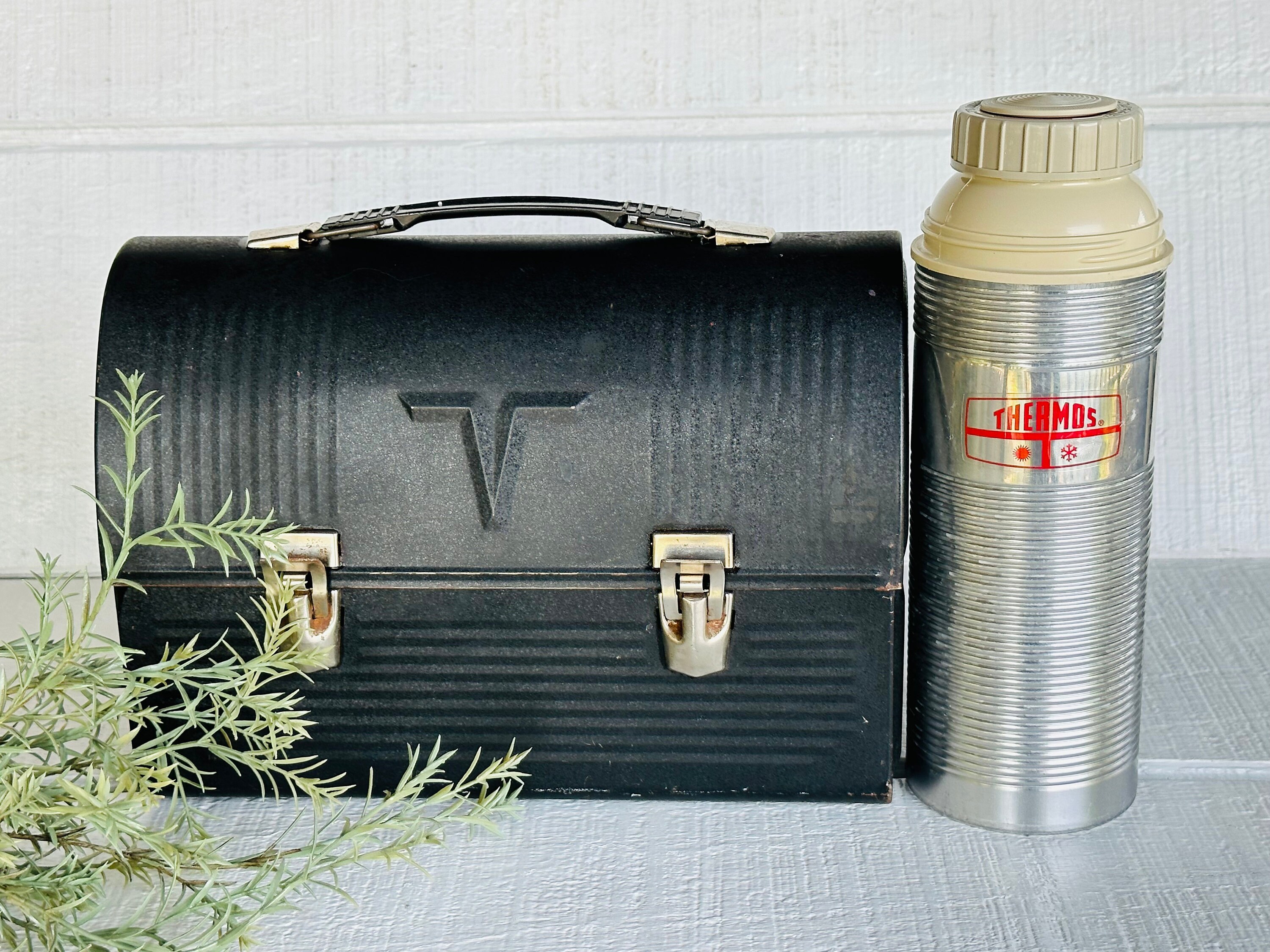1940's Black Metal Worker Lunch Box - The American Thermos Bottle