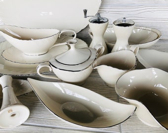 1960s Weatherly platinum trim China by Lenox D 517 ivory off white china silver trim swirled salt pepper platter gravy butter sugar creamer