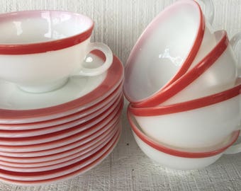 Vintage Pyrex Opalware Coral Band / Gold Trim Cup and Saucer